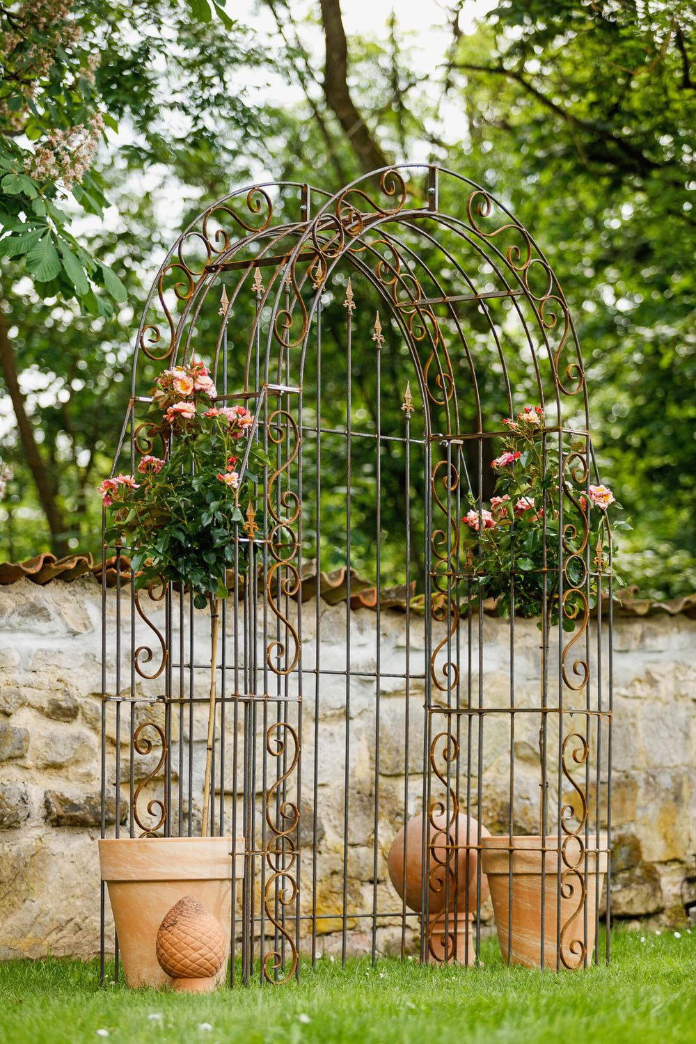 Rückwand Calabria in Rostoptik im Rosenbogen Gesamtansicht seitlich mit Rosen und Dekoration Rückwand Calabria in Rostoptik im Rosenbogen Gesamtansicht seitlich mit Rosen und Dekoration